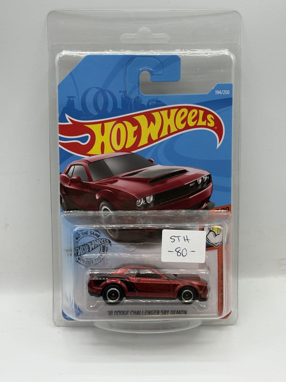 '18 Dodge Challenger SRT Demon — Super Treasure Hunt, Red – Hot Wheels 1:64 diecast, carded