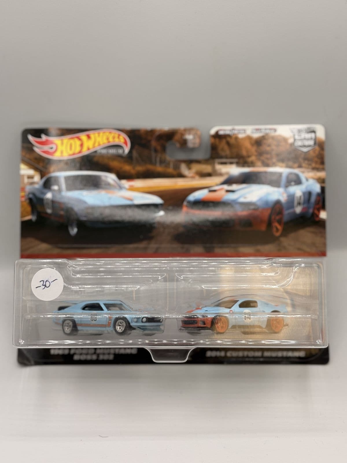 '69 Ford Mustang Boss 302 & 2014 Custom Mustang — Gulf 2-Pack – Hot Wheels 1:64 diecast, carded