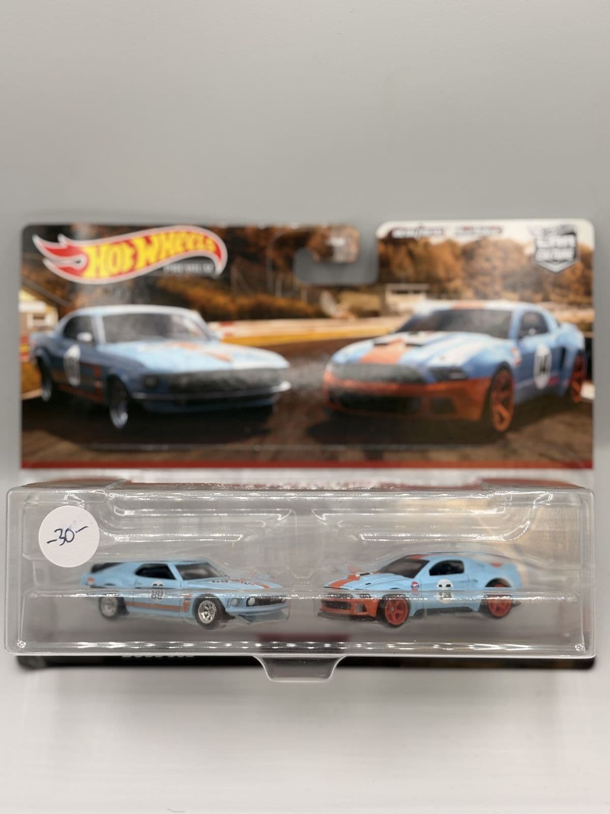 '69 Ford Mustang Boss 302 & 2014 Custom Mustang — Gulf 2-Pack – Hot Wheels 1:64 diecast, carded – view 2
