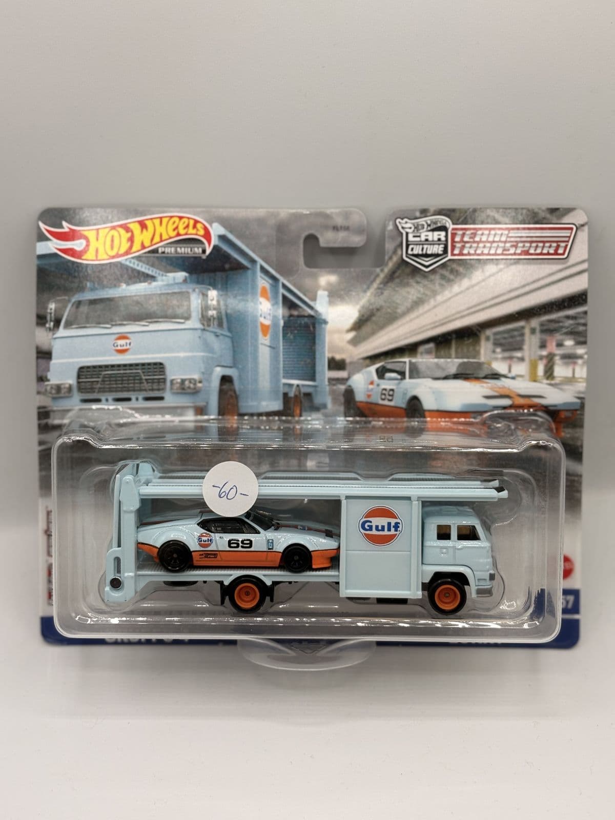 Gulf Group 4 Race Car & Transporter — Team Transport – Hot Wheels 1:64 diecast, carded – view 3